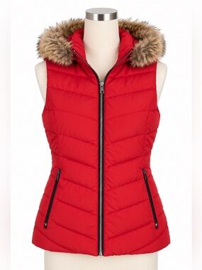 GAP Women’s Red Puffer Vest Faux Fur Hood Size L